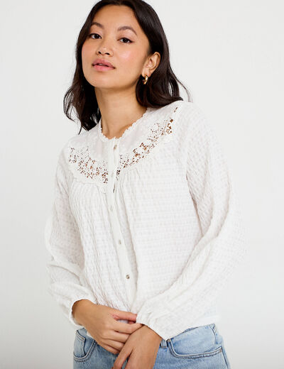 Blouse col rond manches longues ecru femme