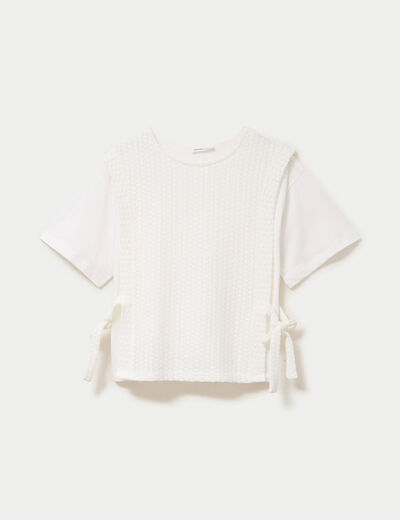 T-shirt 2-en-1 col rond manches courtes ecru femme