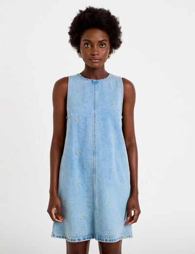 Robe courte &eacute;vas&eacute;e en jean sans manches bleu femme