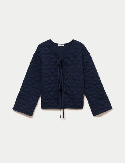 Gilet droit col v manches longues bleu marine femme