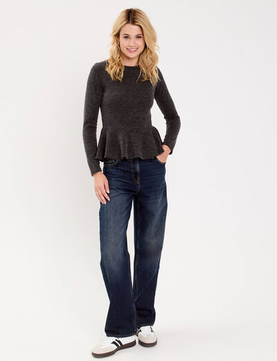 Pull ajust&eacute; court manches longues gris fonc&eacute; femme