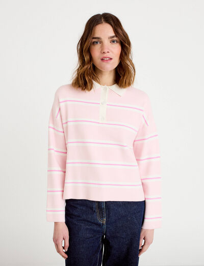 Polo manches longues col chemise rose poudr&eacute;e femme