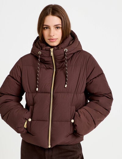 Doudoune droite cropped &agrave; capuche marron fonc&eacute; femme