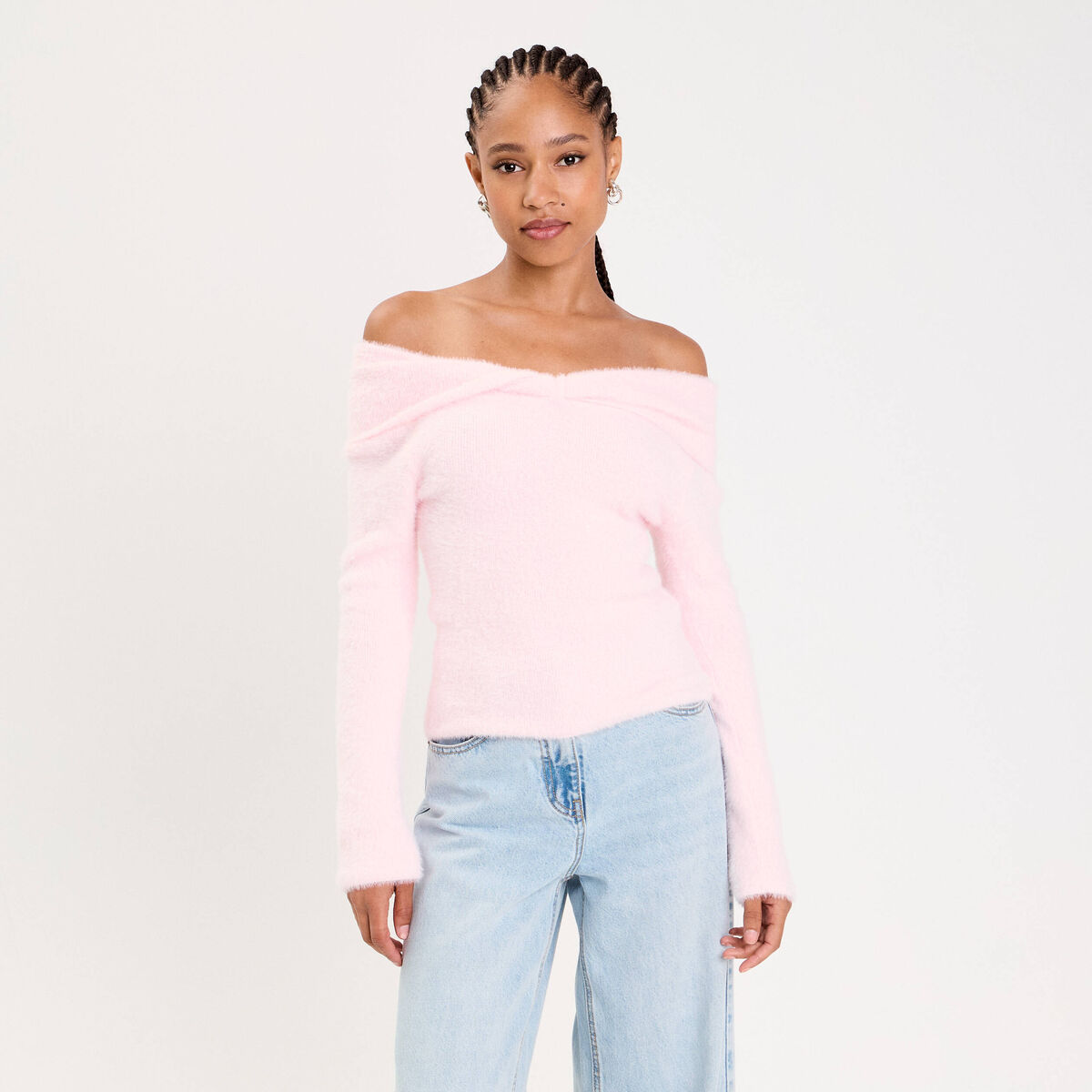 Pull ajust&eacute; col bardot manches longues rose clair femme