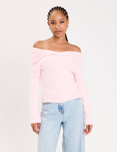 Pull ajust&eacute; col bardot manches longues rose clair femme