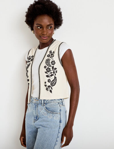 Gilet droit court sans manches ecru femme