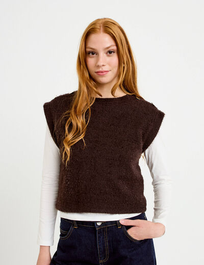 Pull 2-en-1 manches longues col rond marron fonc&eacute; femme