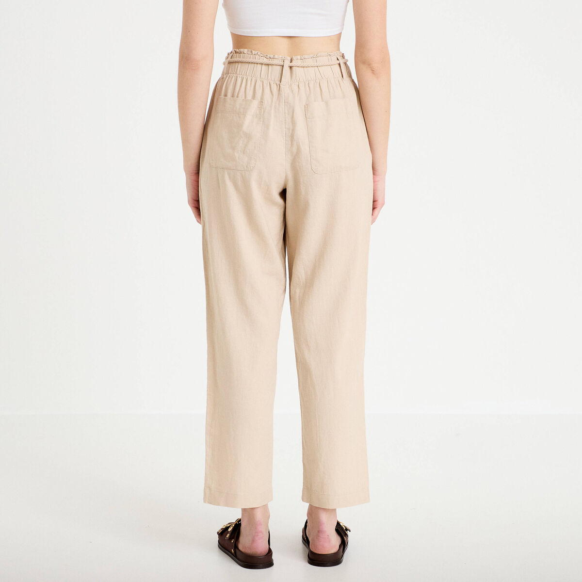 Pantalon droit 7/8&egrave;me taille haute sable femme
