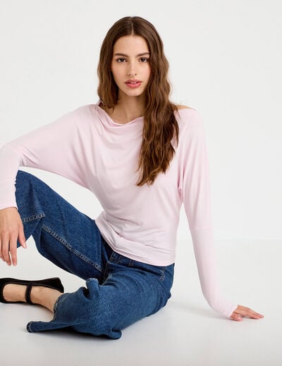 T-shirt col bateau manches longues rose clair femme