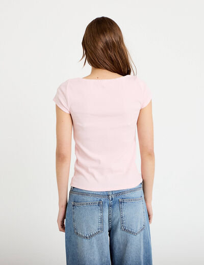 T-shirt cintr&eacute; d&eacute;collet&eacute; manches courtes rose clair femme