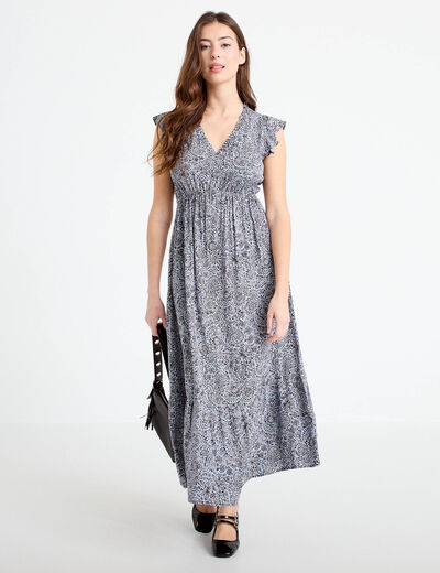 Robe longue &eacute;vas&eacute;e col v manches courtes bleu femme