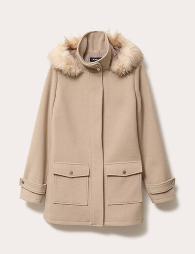 Manteau mi-long &agrave; capuche beige femme