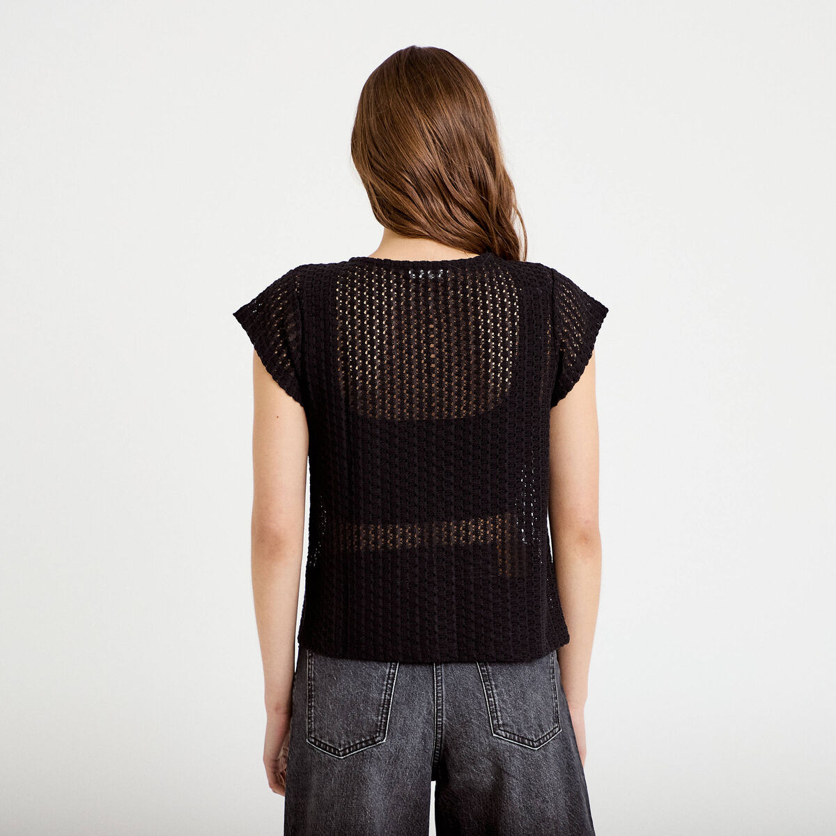 Gilet manches courtes aspect dentelle noir femme