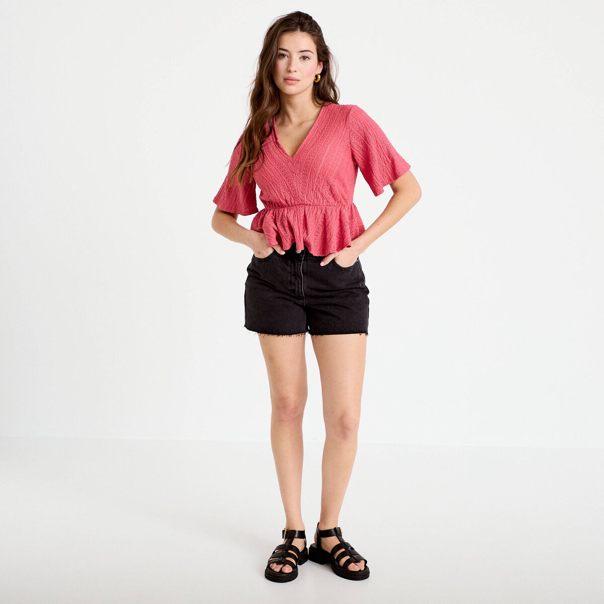 Blouse manches courtes rose framboise femme
