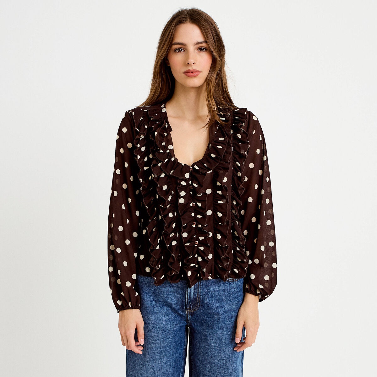 Blouse droite col v manches longues marron femme
