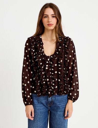 Blouse droite col v manches longues marron femme
