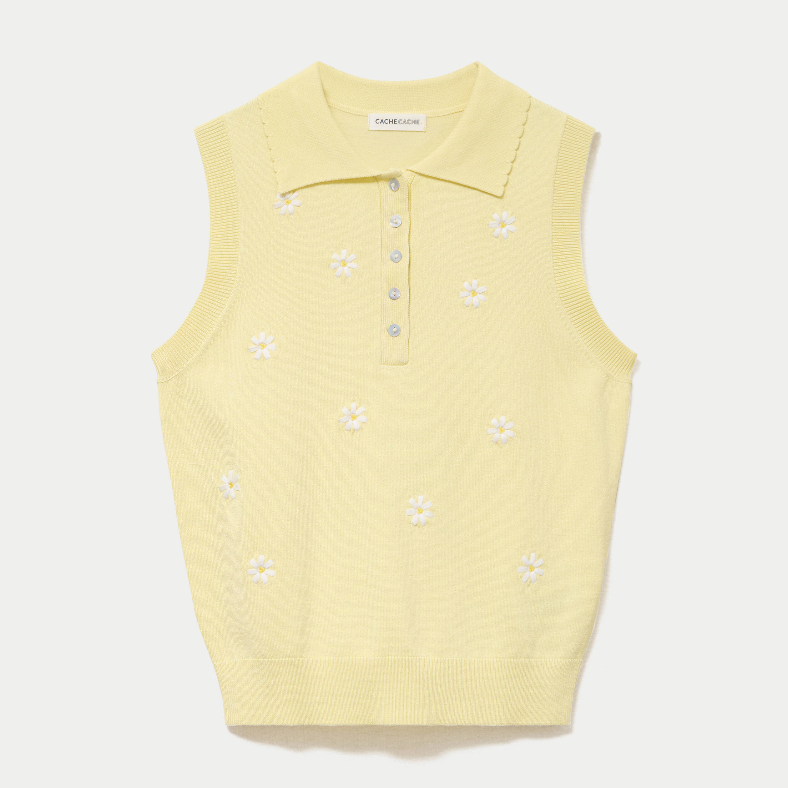Polo sans manches col chemise brod&eacute; jaune clair femme