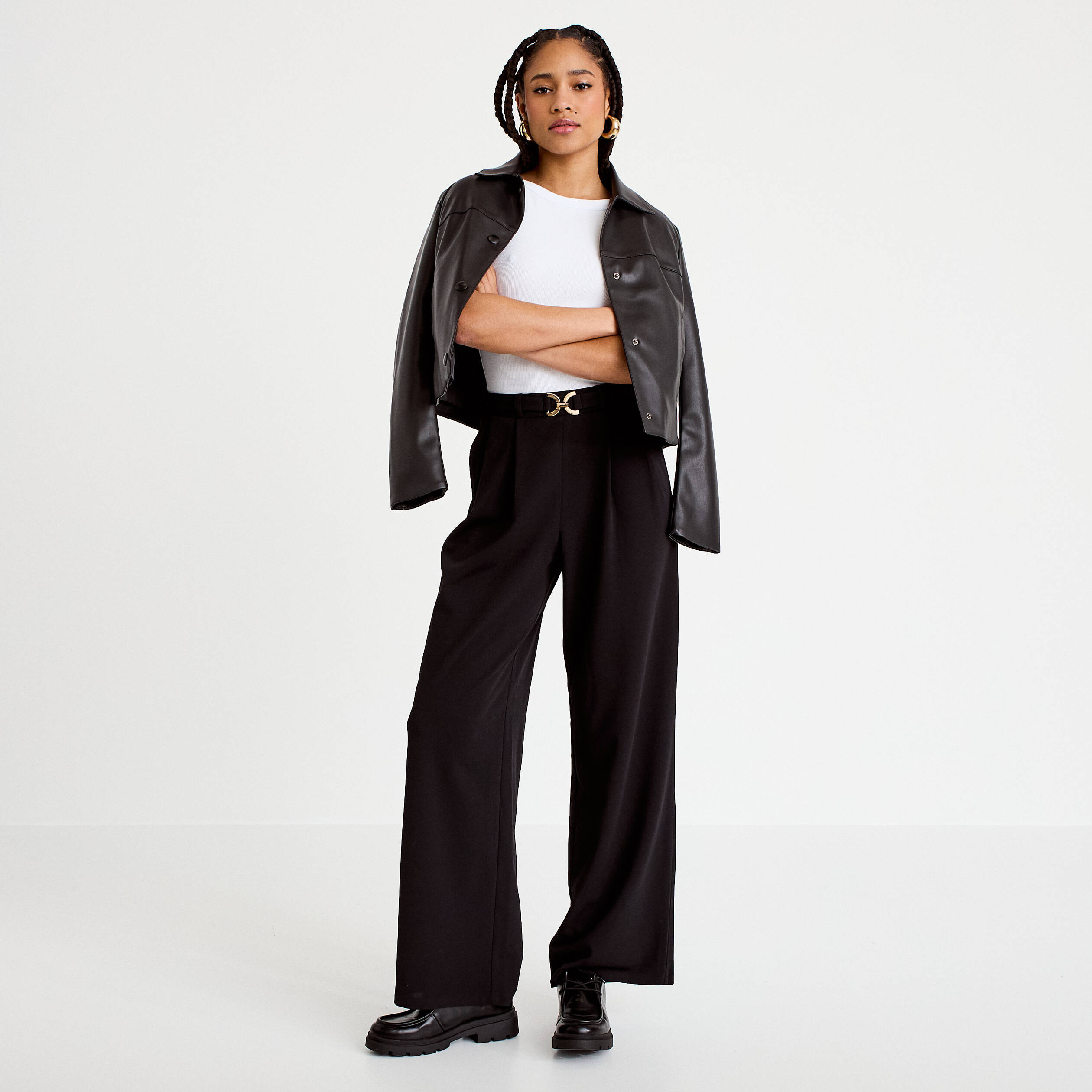Pantalon large ceinture bijou noir femme
