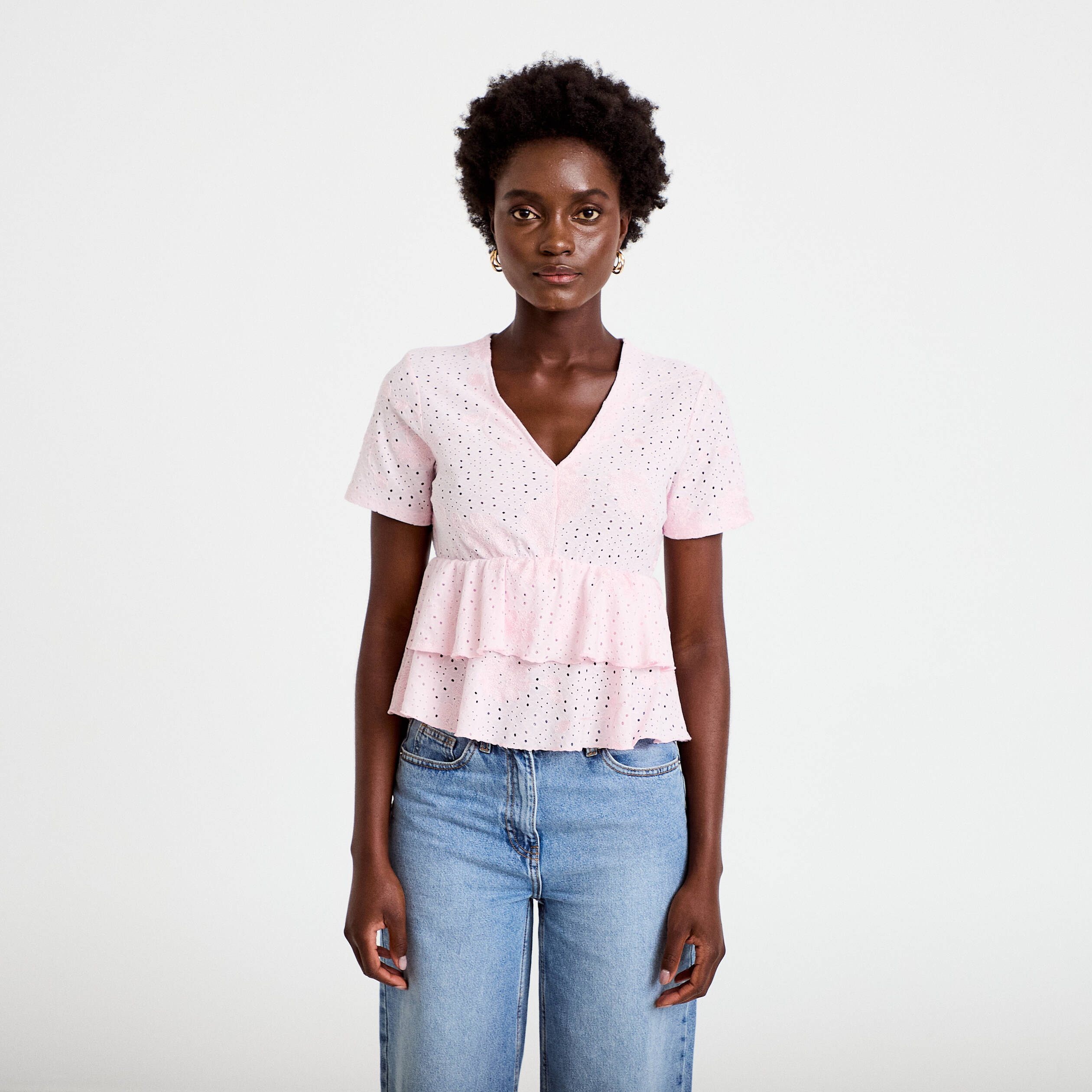 Blouse d&eacute;collet&eacute; manches courtes rose clair femme