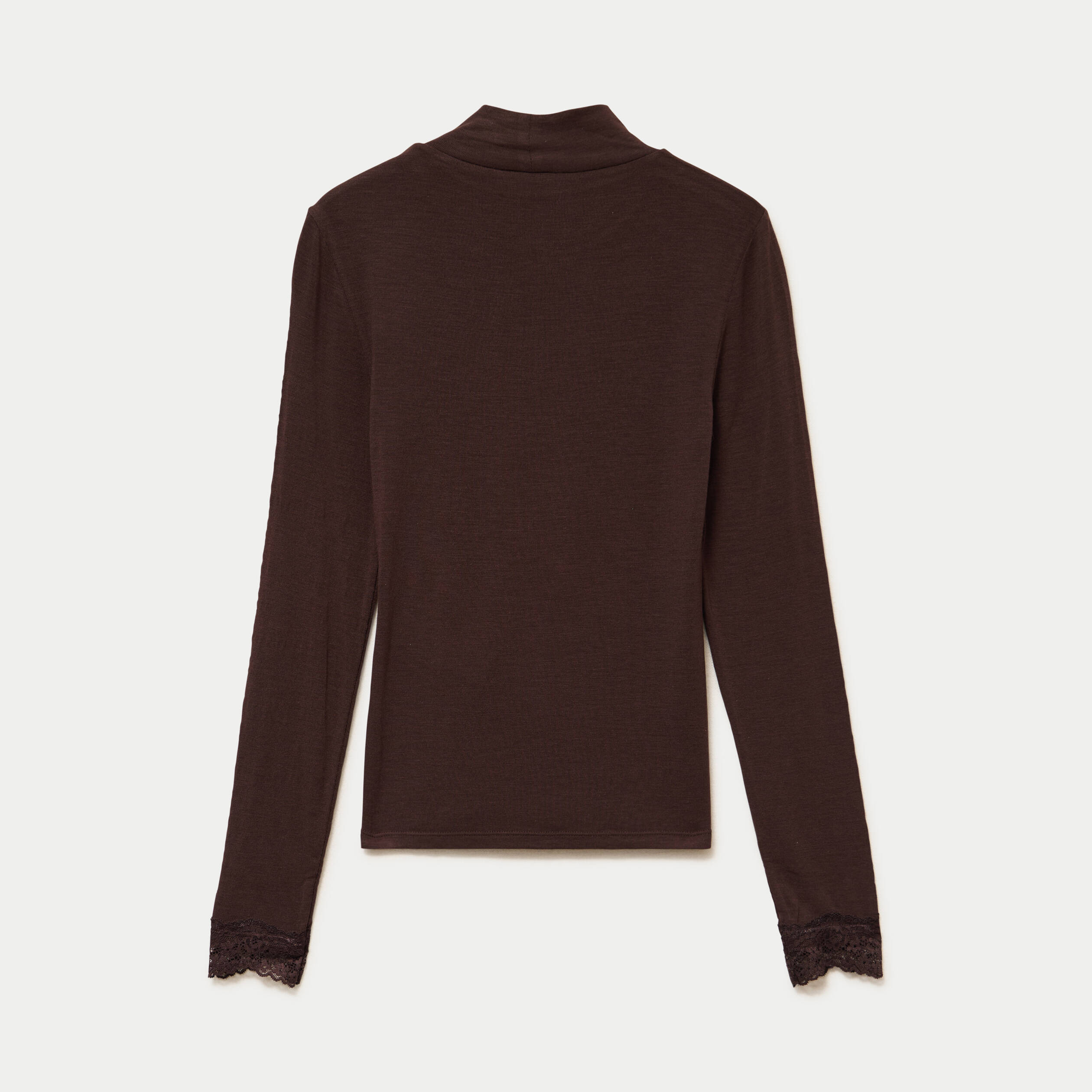 T-shirt ajust&eacute; col roul&eacute; dentelle marron fonc&eacute; femme