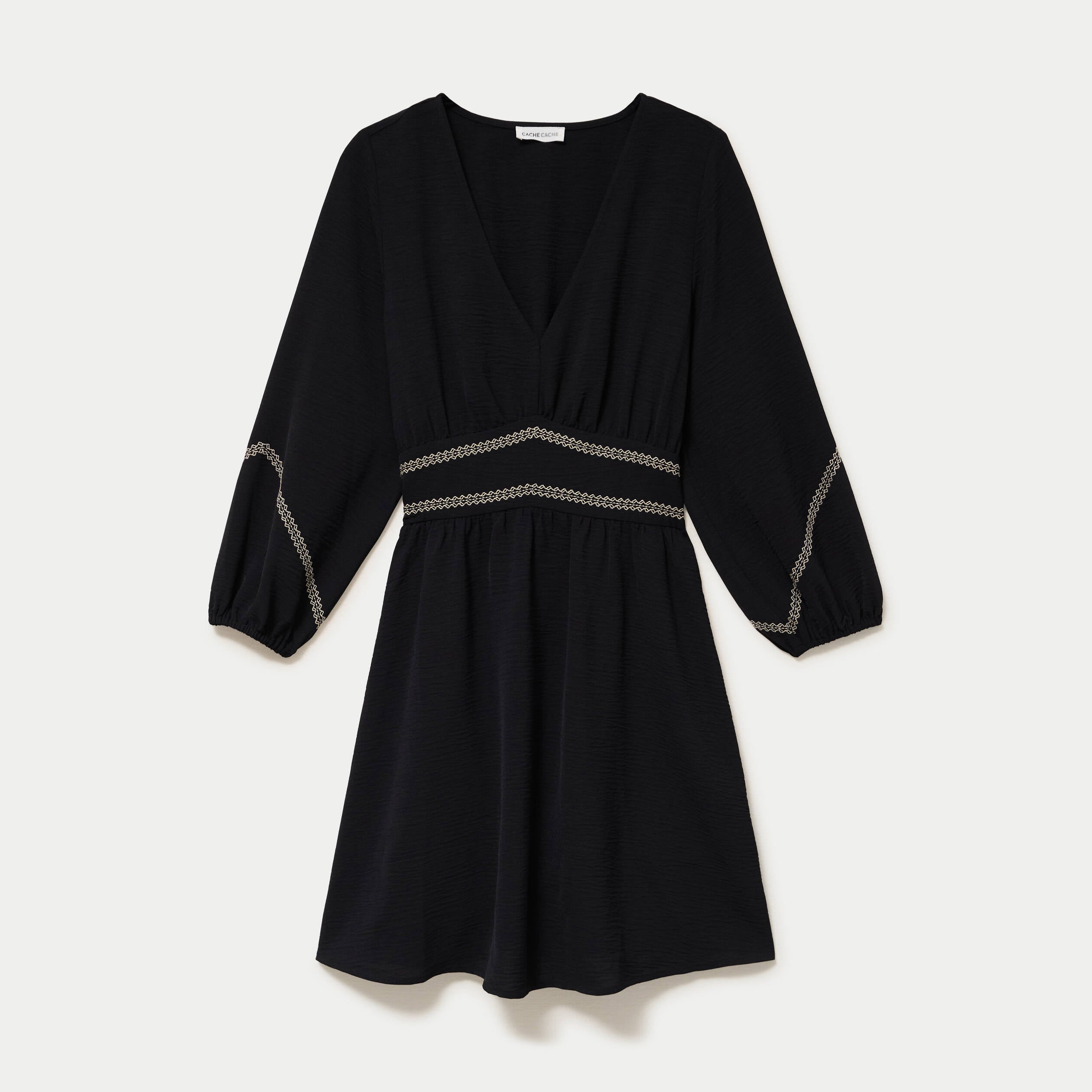Robe courte &eacute;vas&eacute;e col v manches 3/4 noir femme