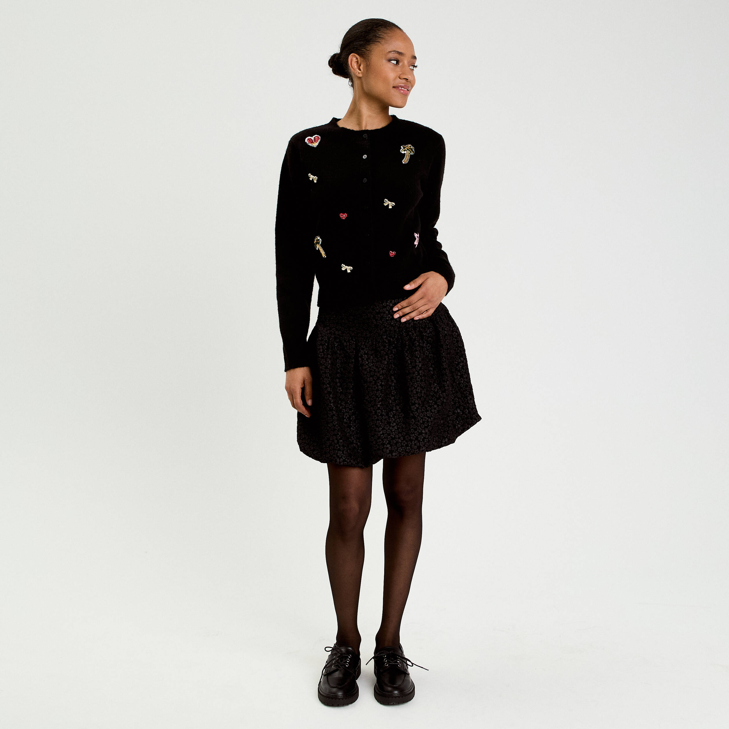 Gilet col rond manches longues noir femme