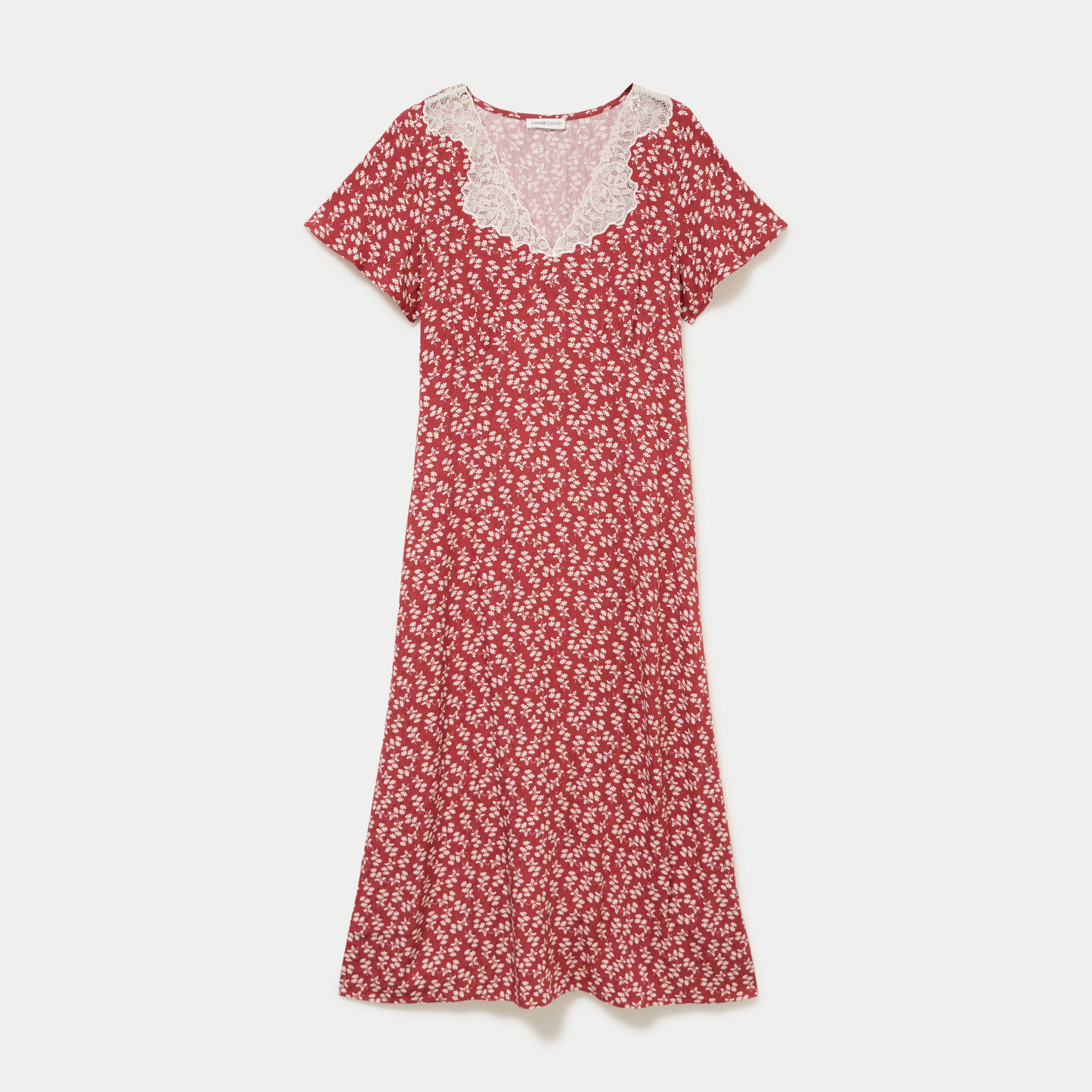 Robe longue &eacute;vas&eacute;e col v dentelle terracotta femme