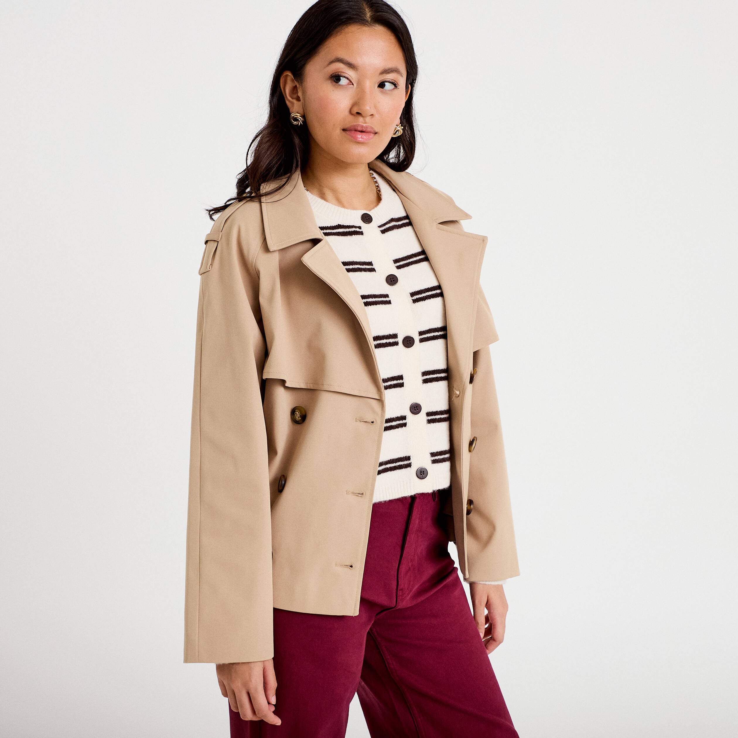 Trench droit manches longues beige femme