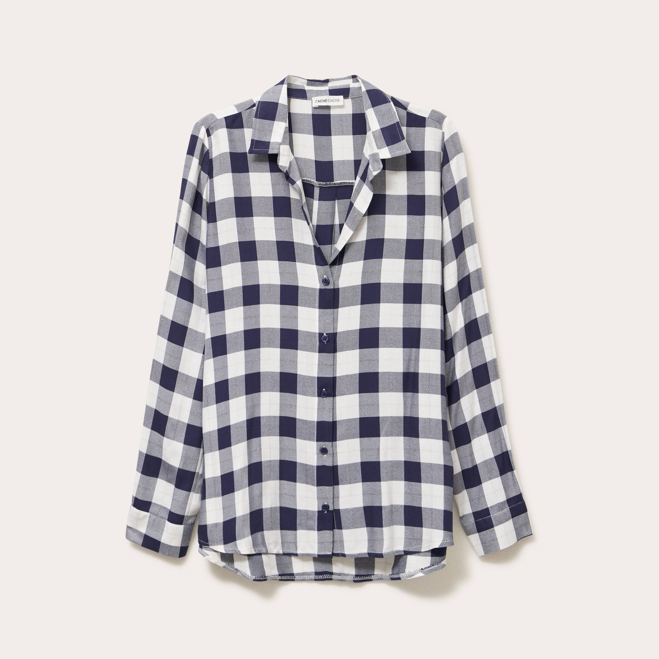 Chemise &agrave; carreaux fils m&eacute;tallis&eacute;s bleu femme