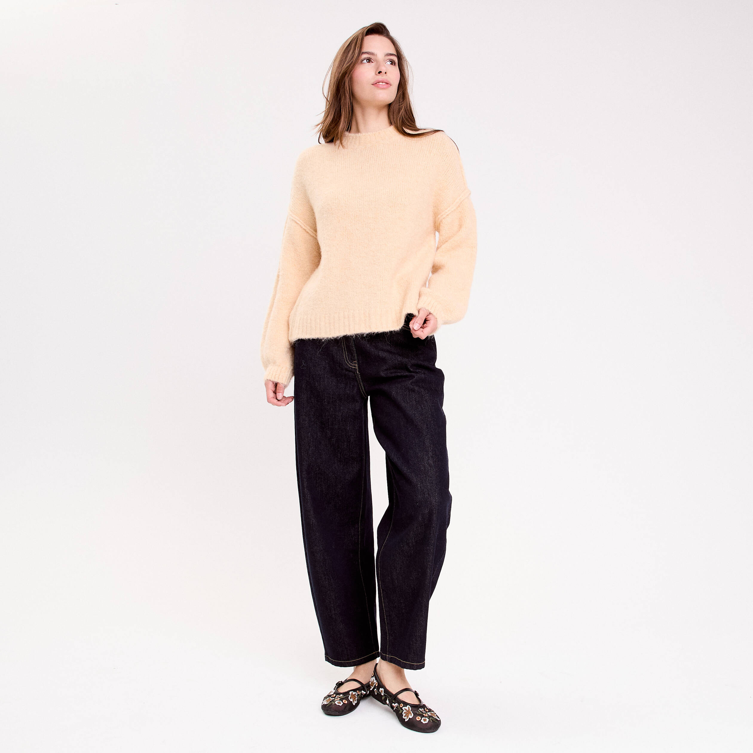 Pull oversize col rond manches longues jaune paille femme