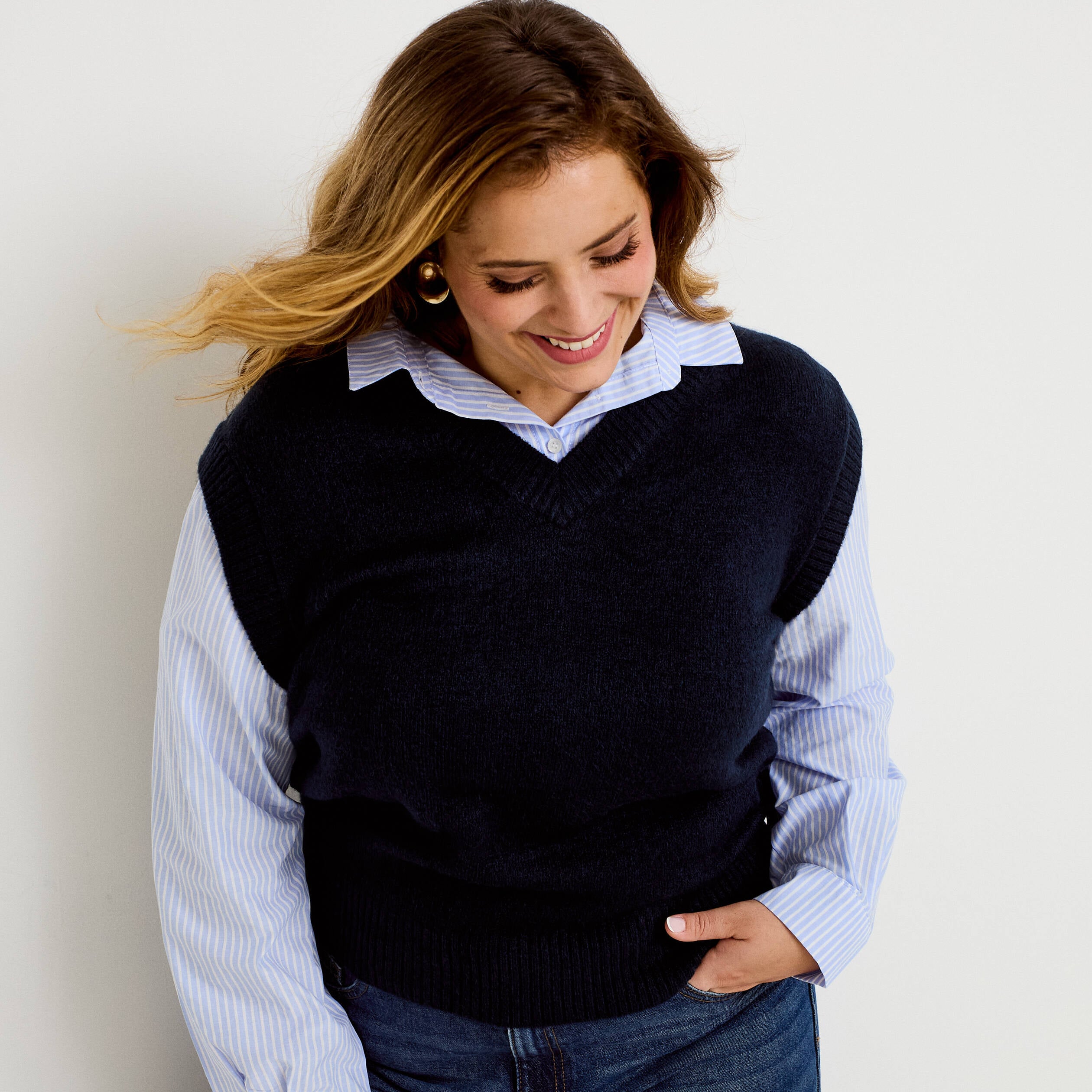 Pull chemise 2-en-1 bleu marine femme