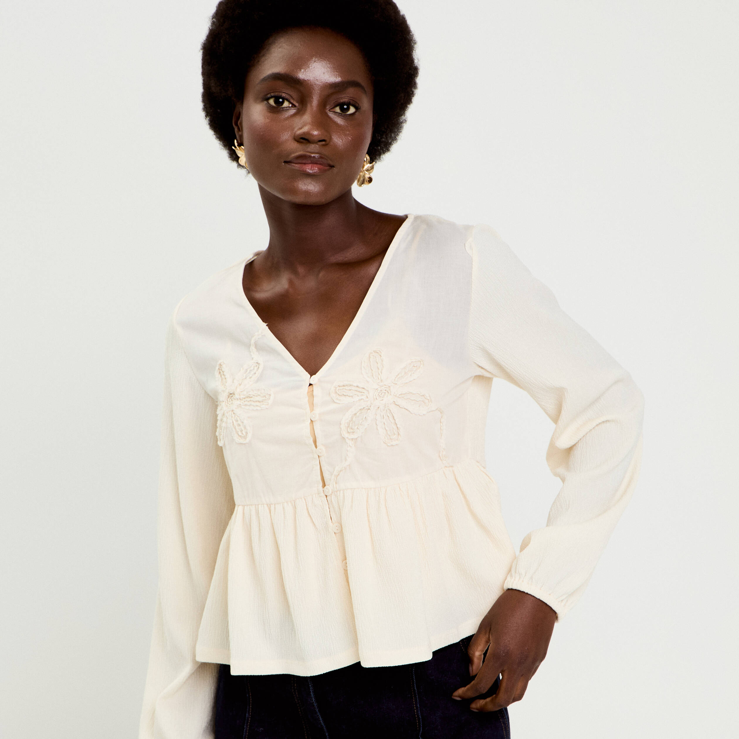 Blouse brod&eacute;e ecru femme