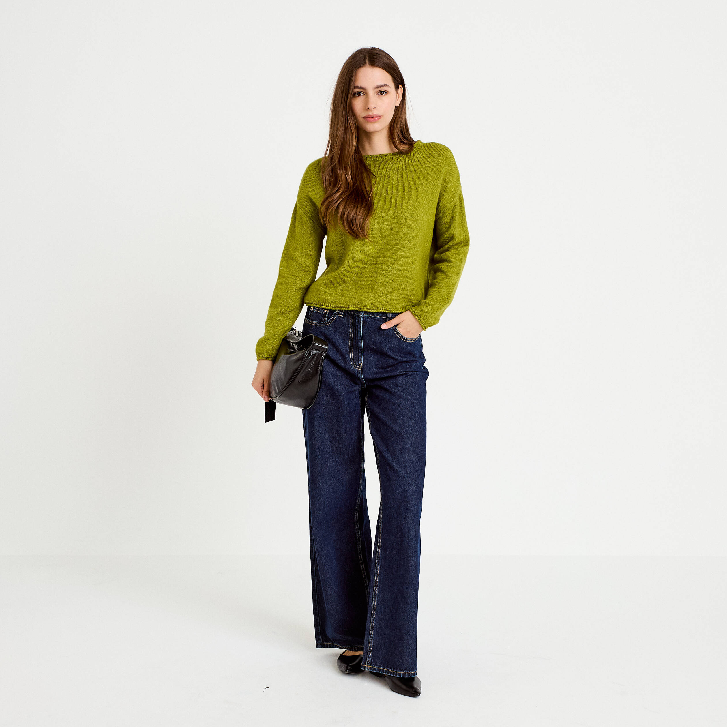 Pull manches longues vert fonc&eacute; femme