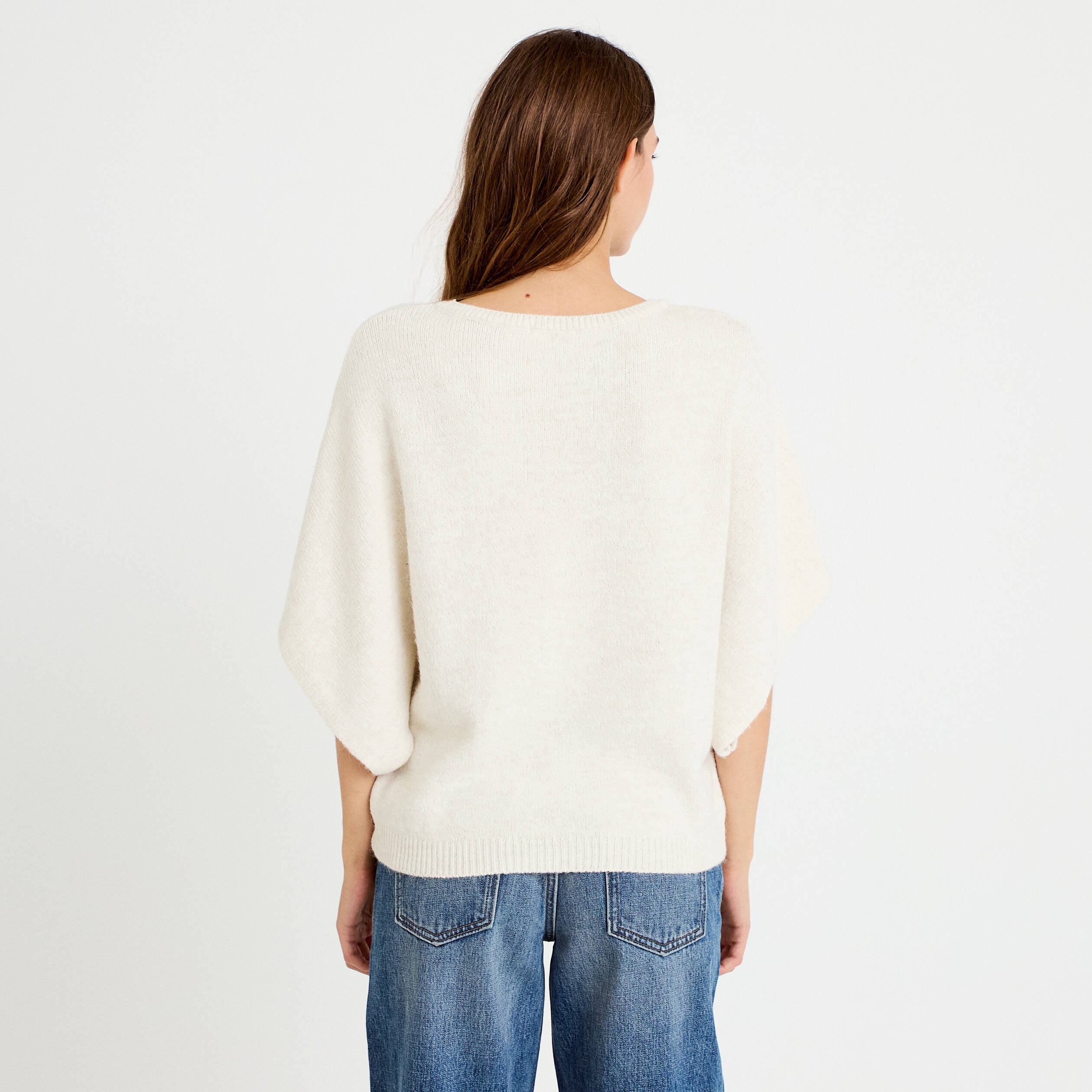 Pull oversize col rond manches courtes ecru femme