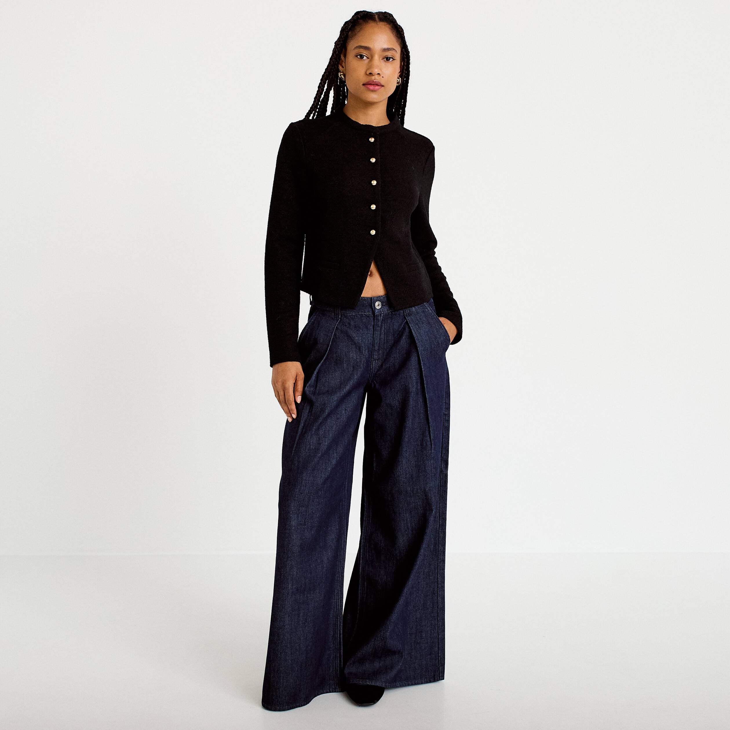 Veste tweed droite cropped col rond noir femme