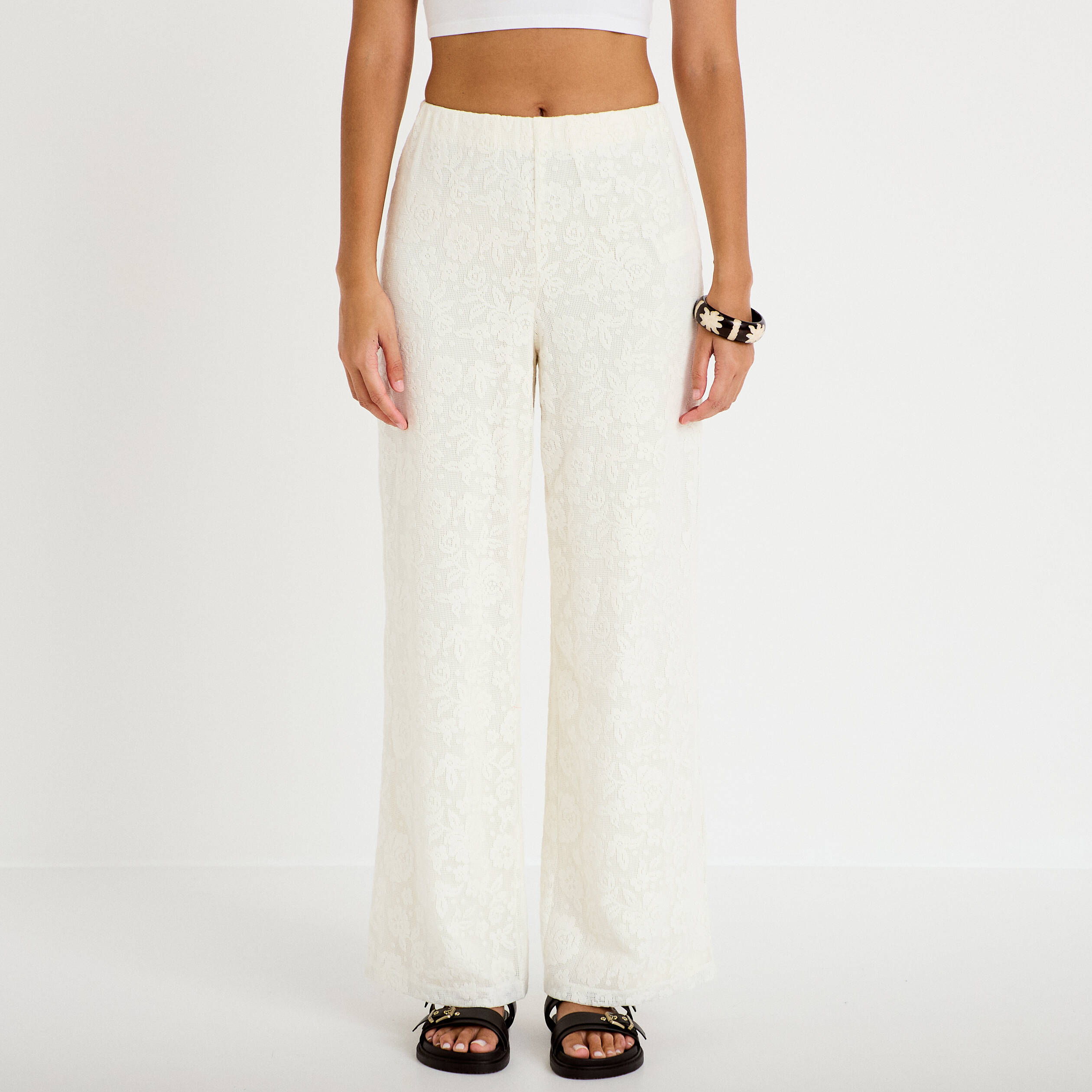 Pantalon large taille haute ecru femme