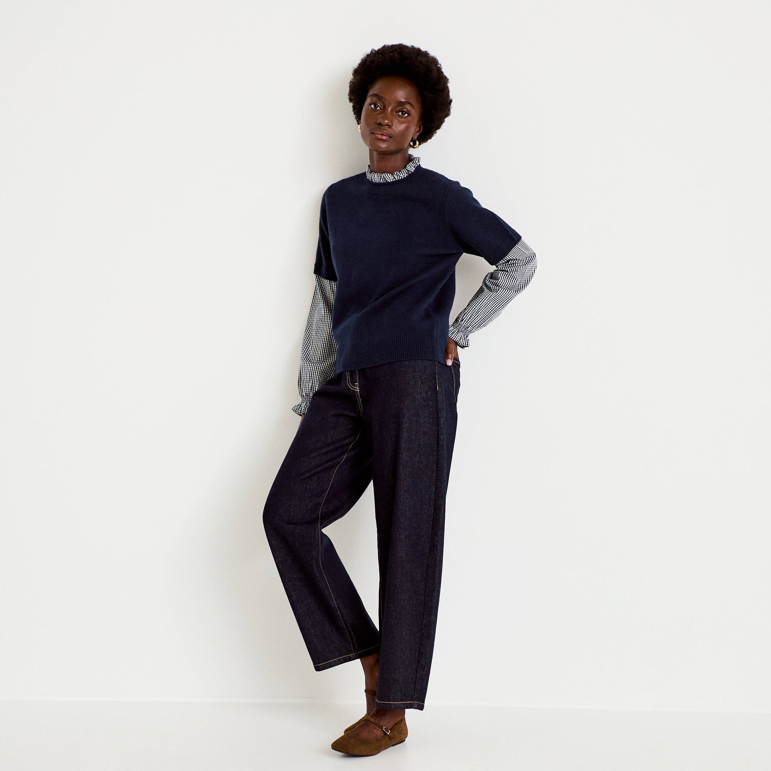 Pull col rond vichy manches longues bleu marine femme