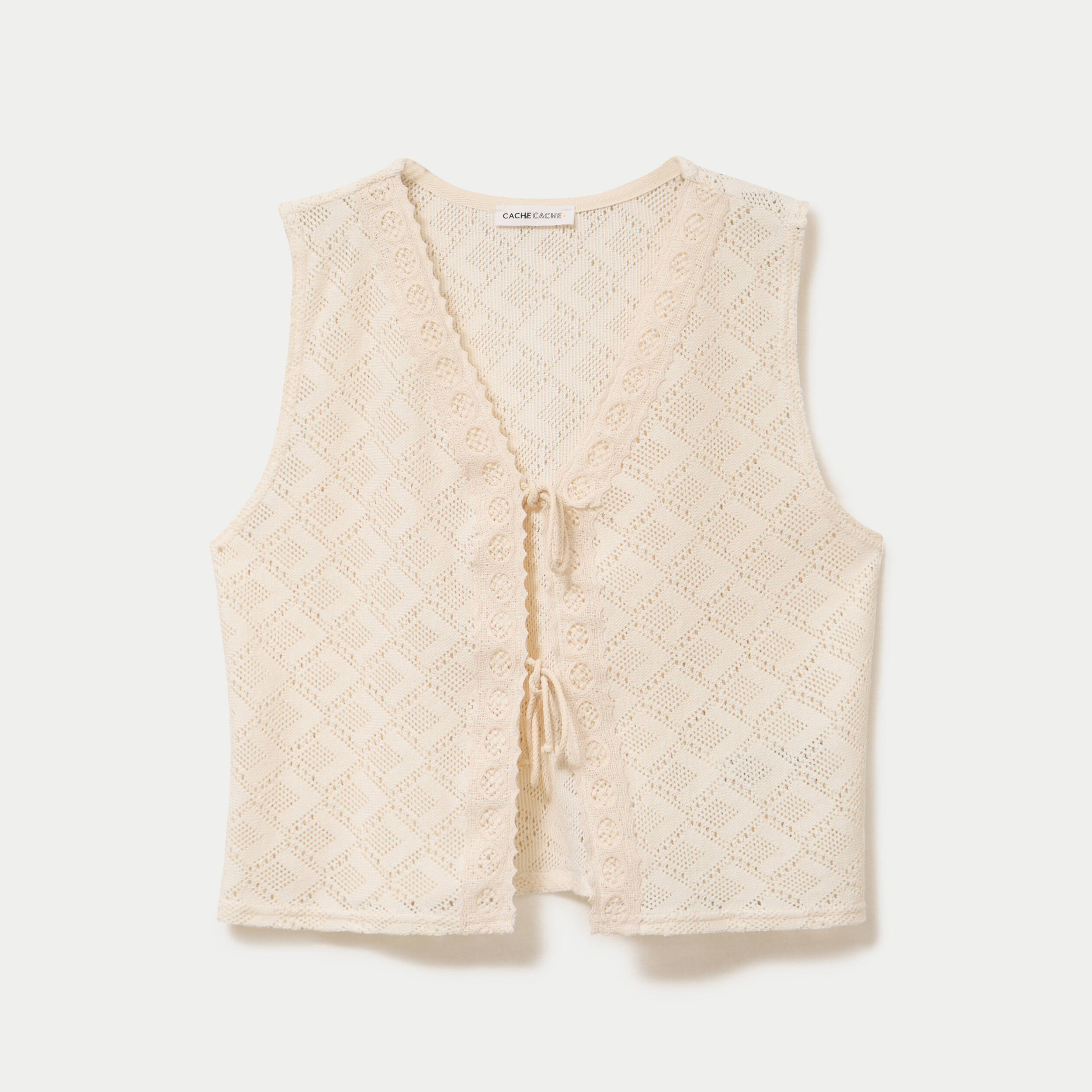 Gilet sans manches col v macram&eacute; ecru femme