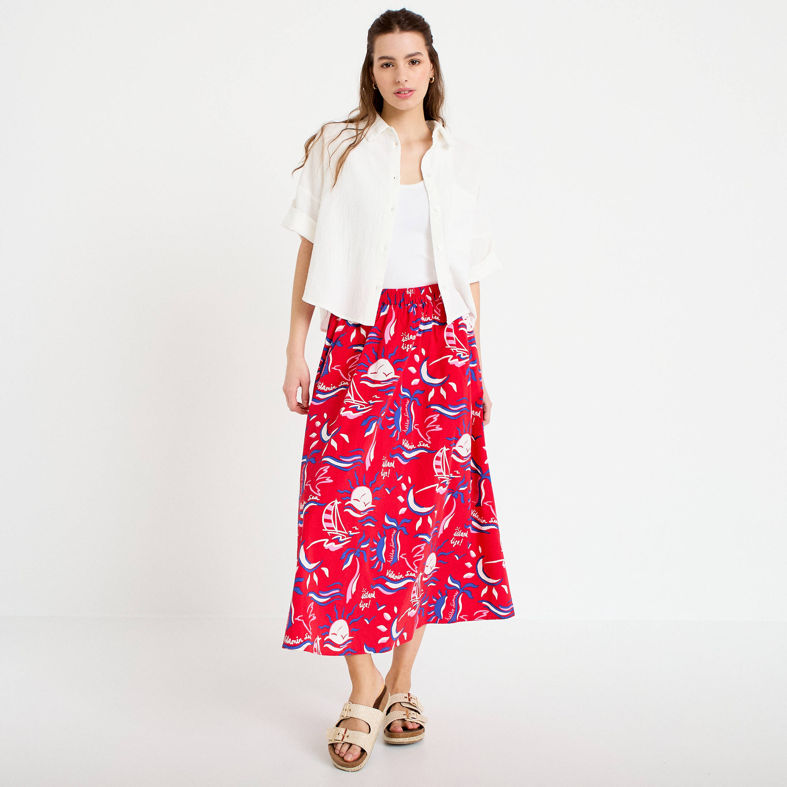 Jupon &eacute;vas&eacute; long rouge femme