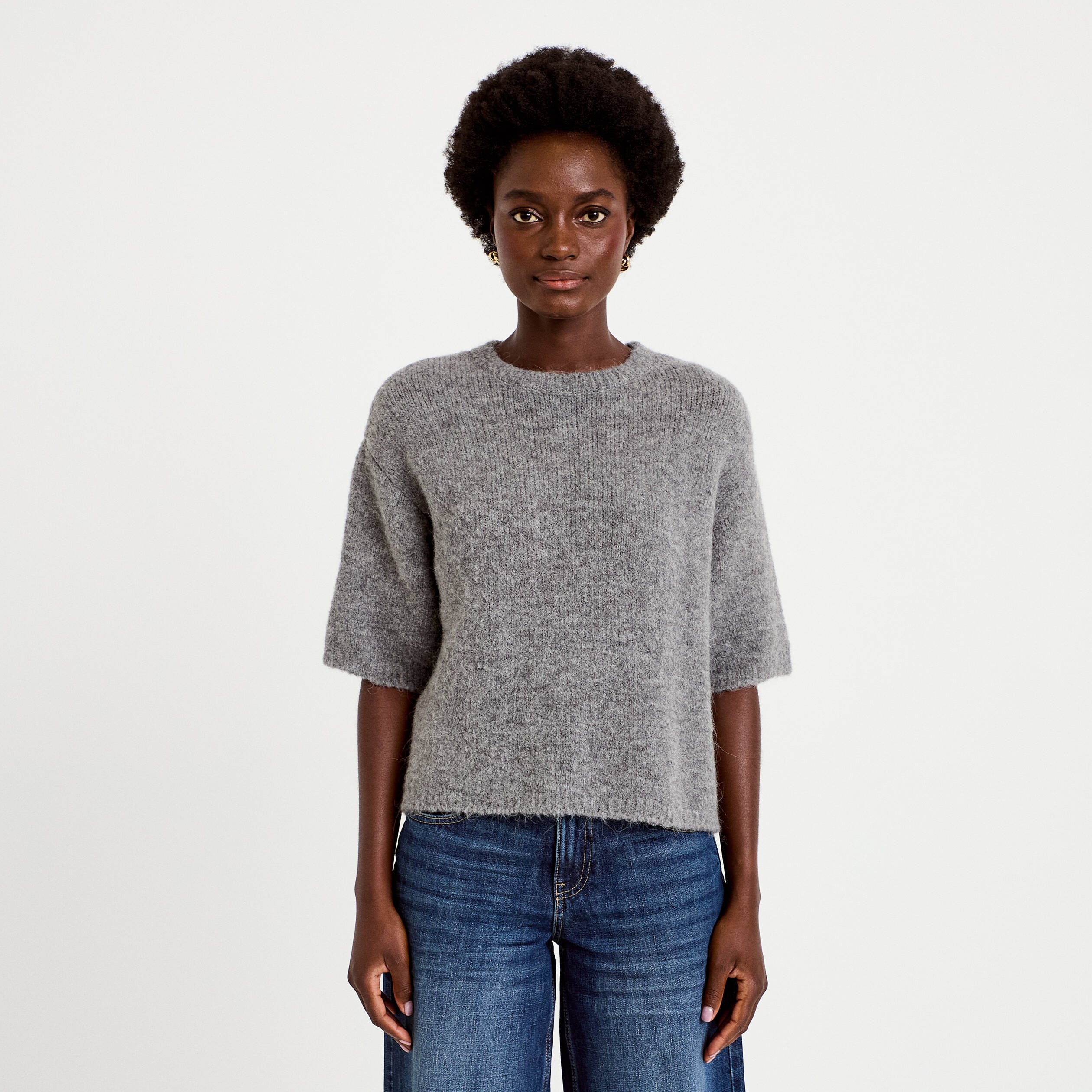 Pull manches courtes gris femme