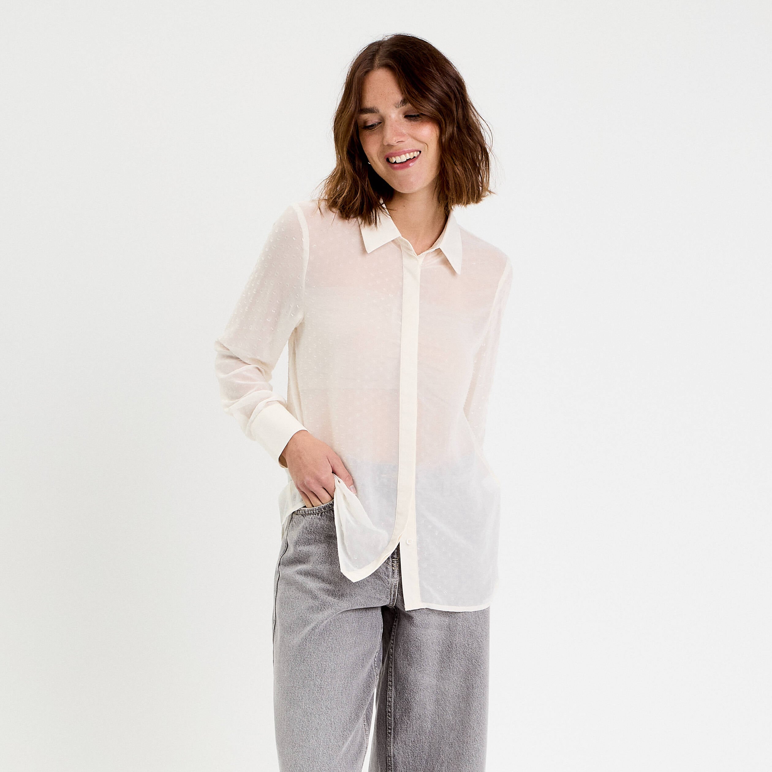 Chemise voile plumetis brillant ecru femme