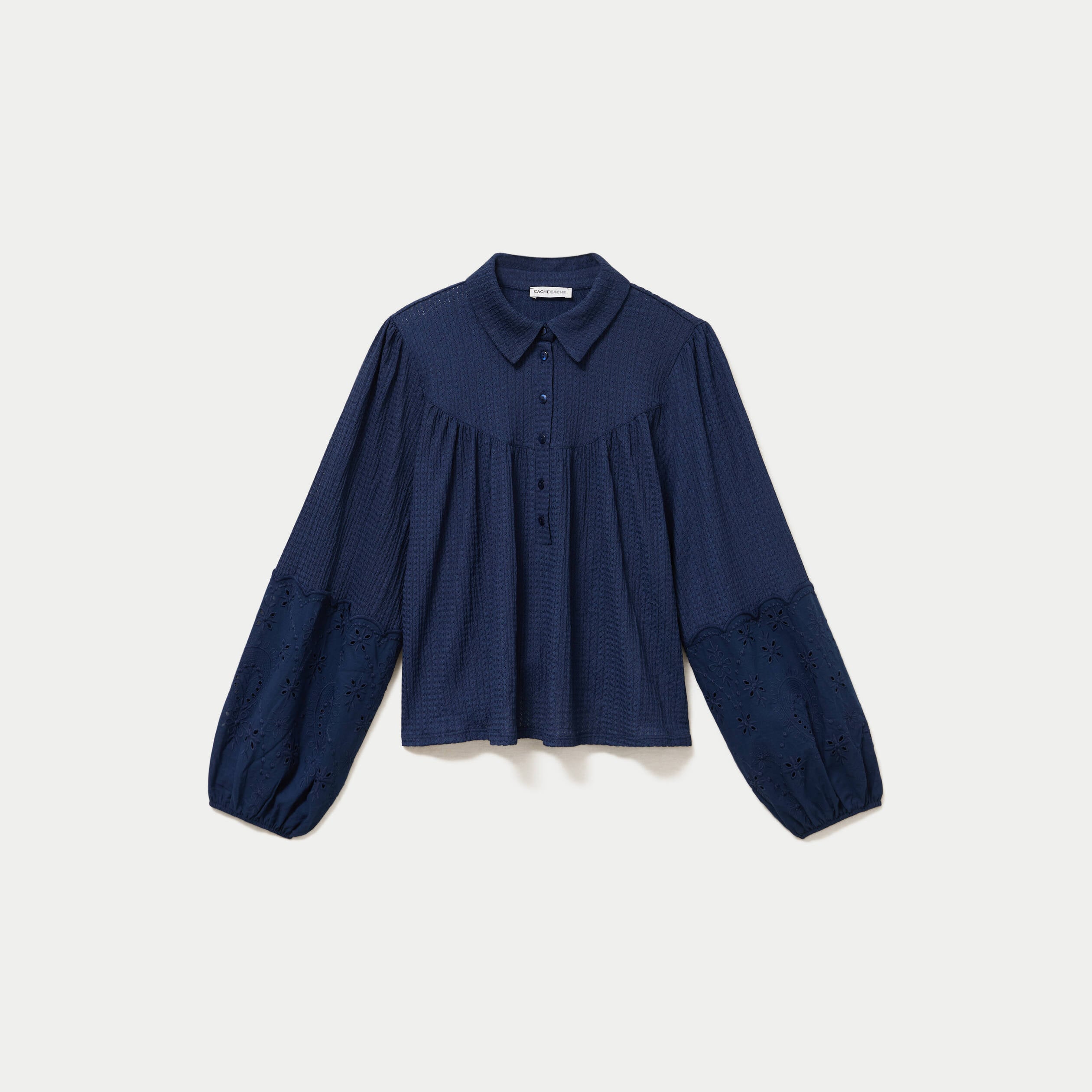 Blouse manches longues broderie bleu fonc&eacute; femme