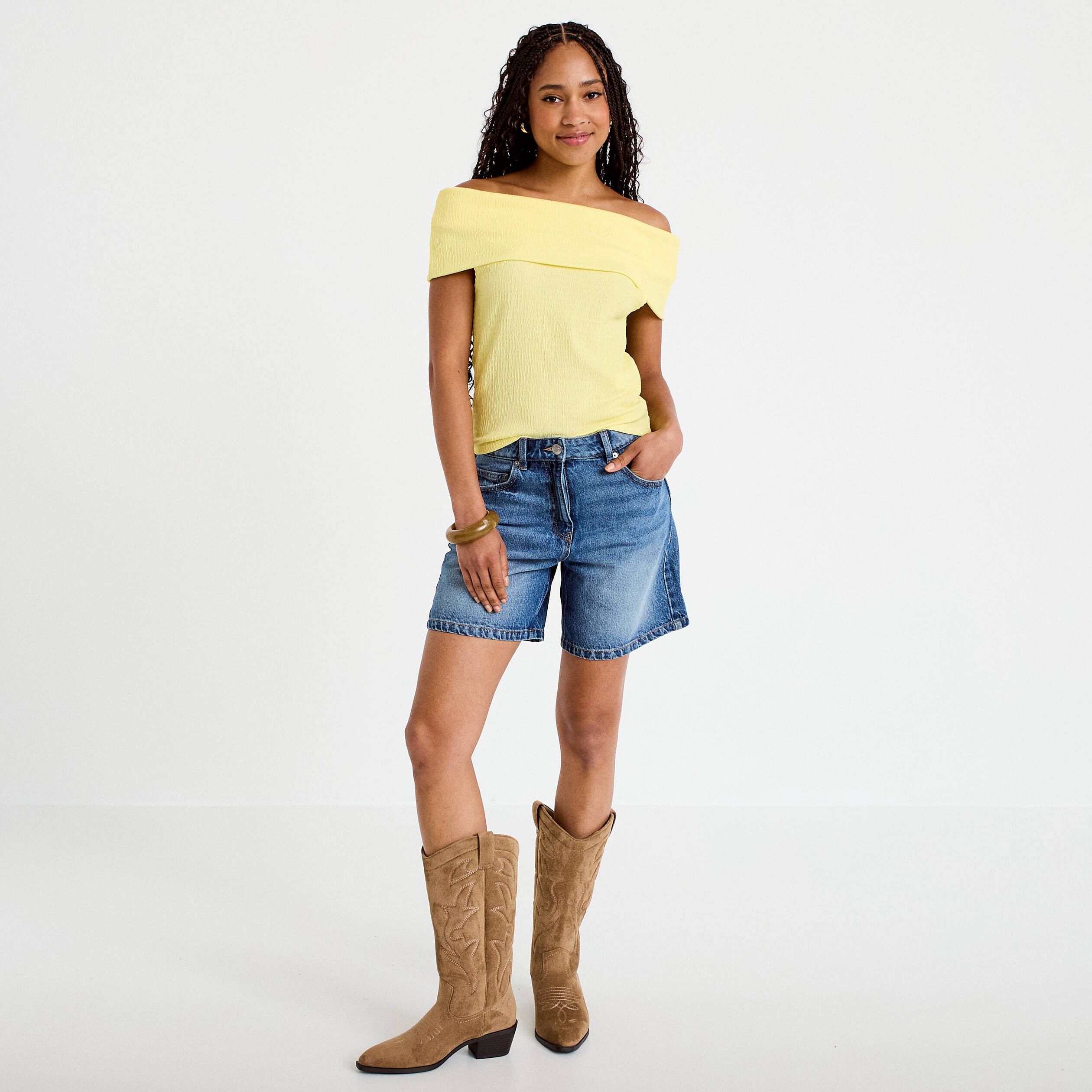 Top col bardot jaune pastel femme