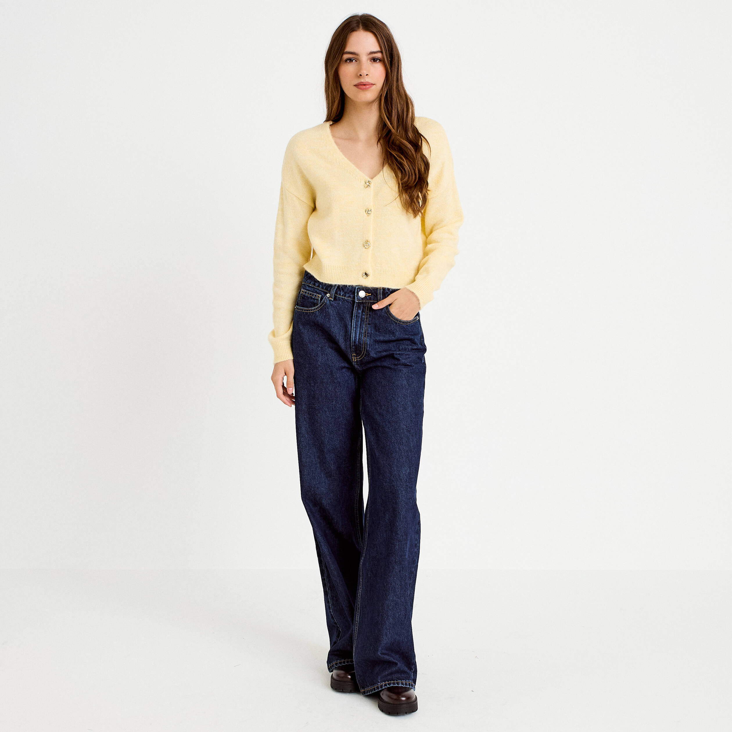 Gilet col v manches longues jaune clair femme