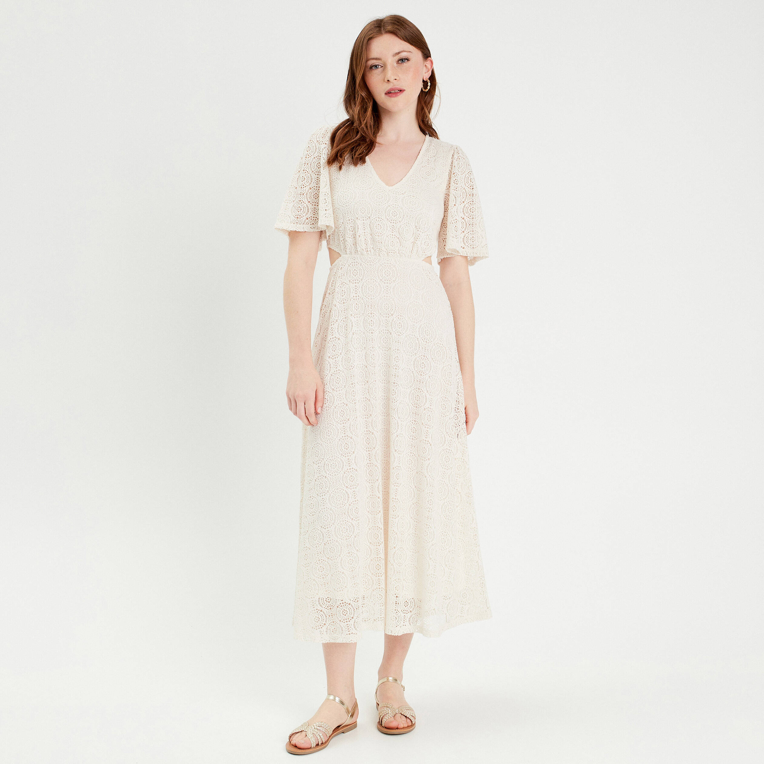 Robe longue évasée dentelle ecru femme | Cache Cache
