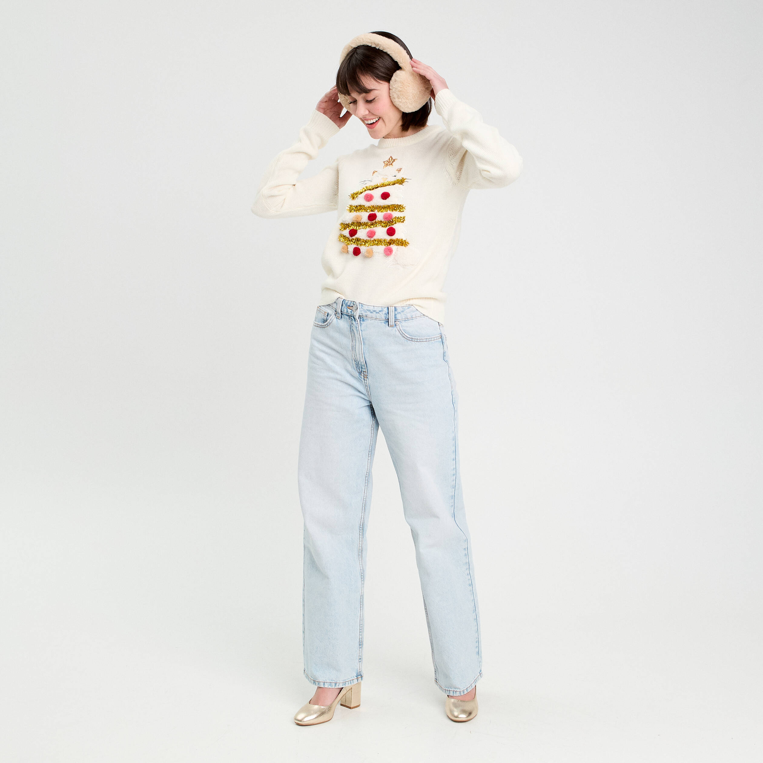 Pull pompons et guirlandes ecru femme