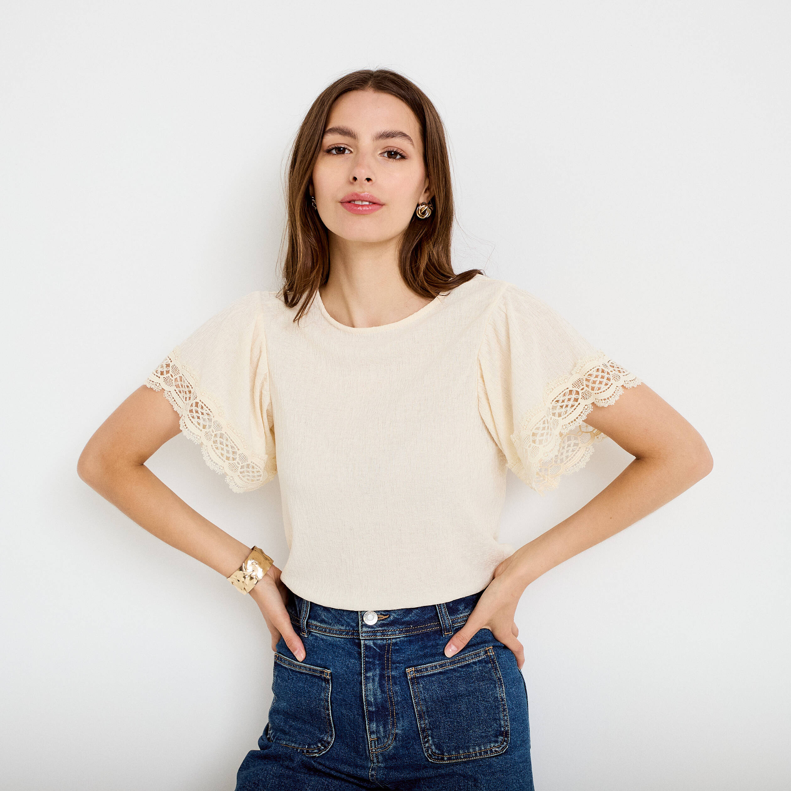 T-shirt col rond manches courtes ecru femme
