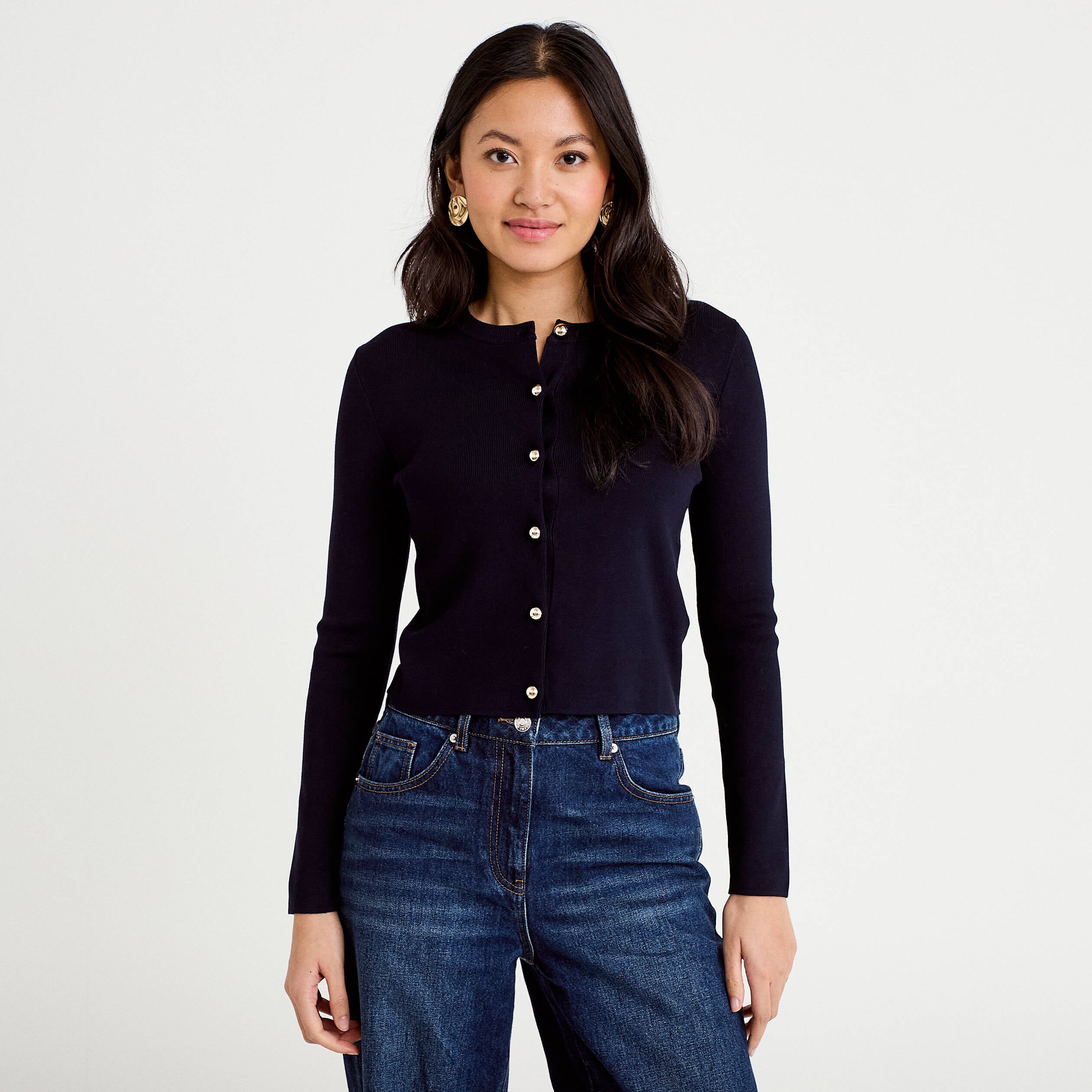 Gilet ajust&eacute; cropped col rond bleu marine femme