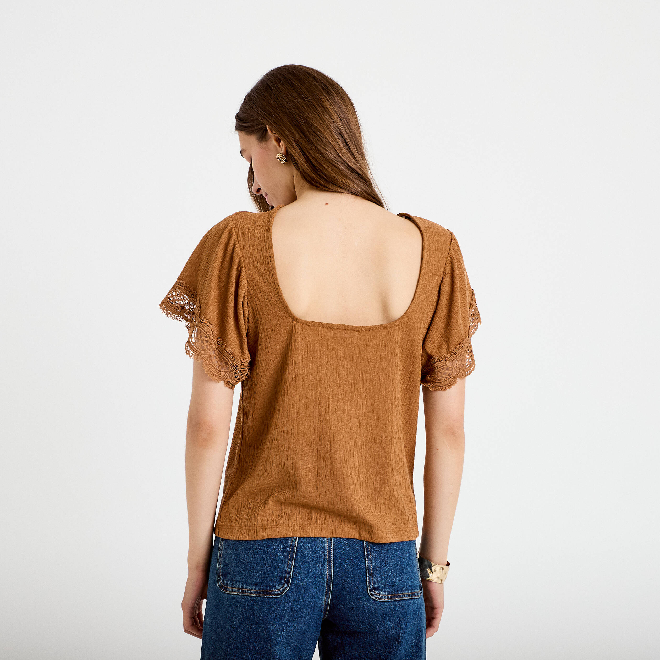 T-shirt col rond manches courtes beige femme