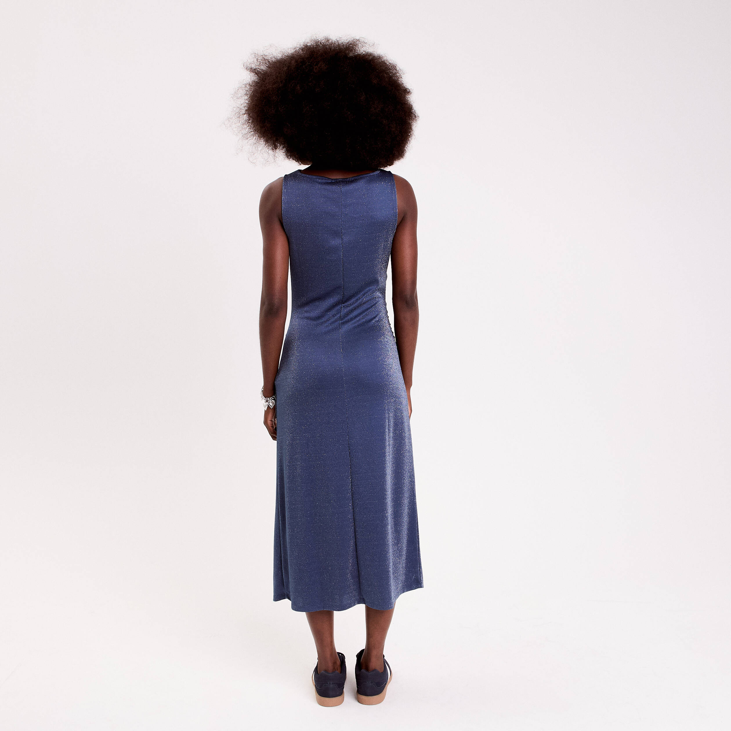 Robe longue fils m&eacute;tallis&eacute;s bleu fonc&eacute; femme